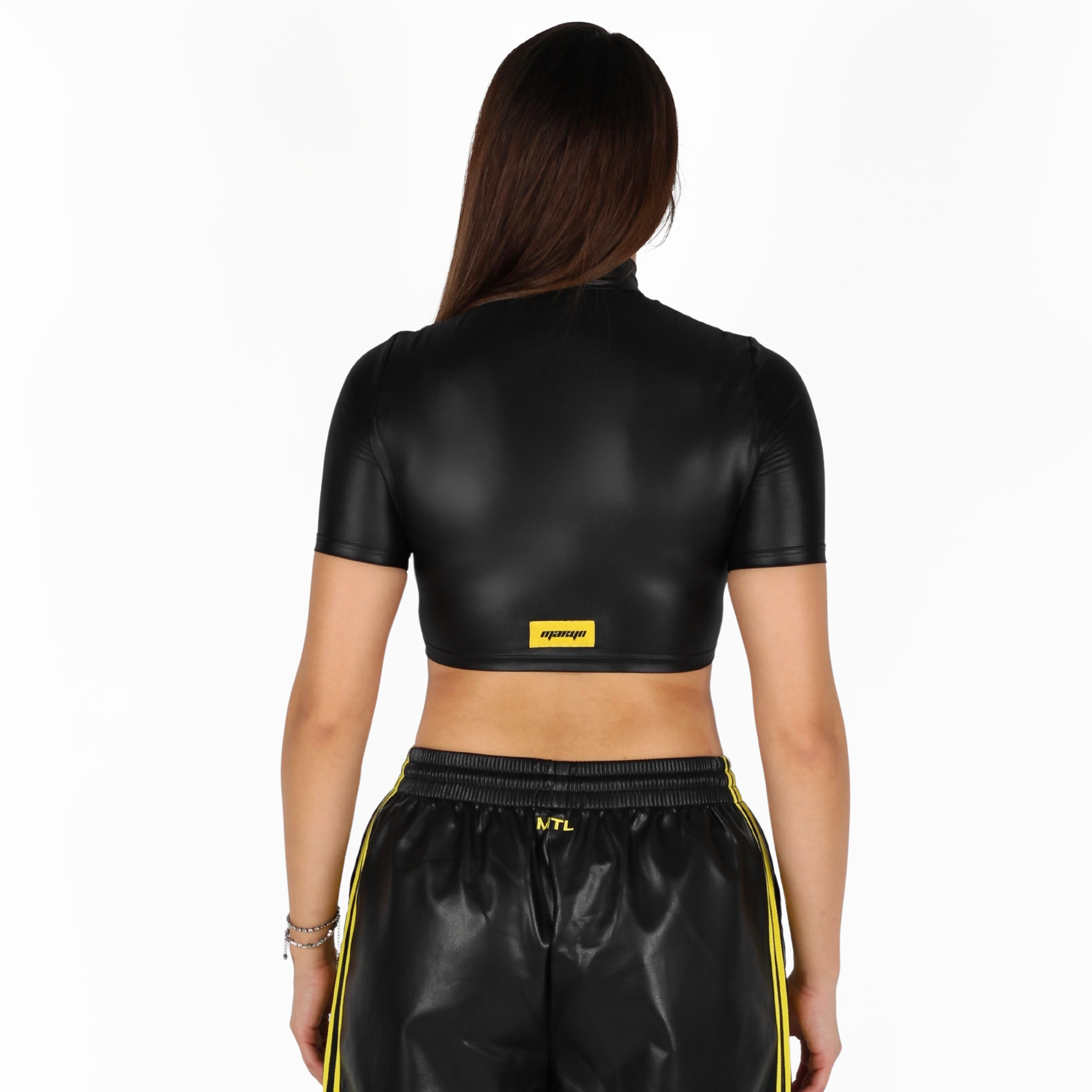 MTL Faux Leather Zip-up Top Black/Yellow