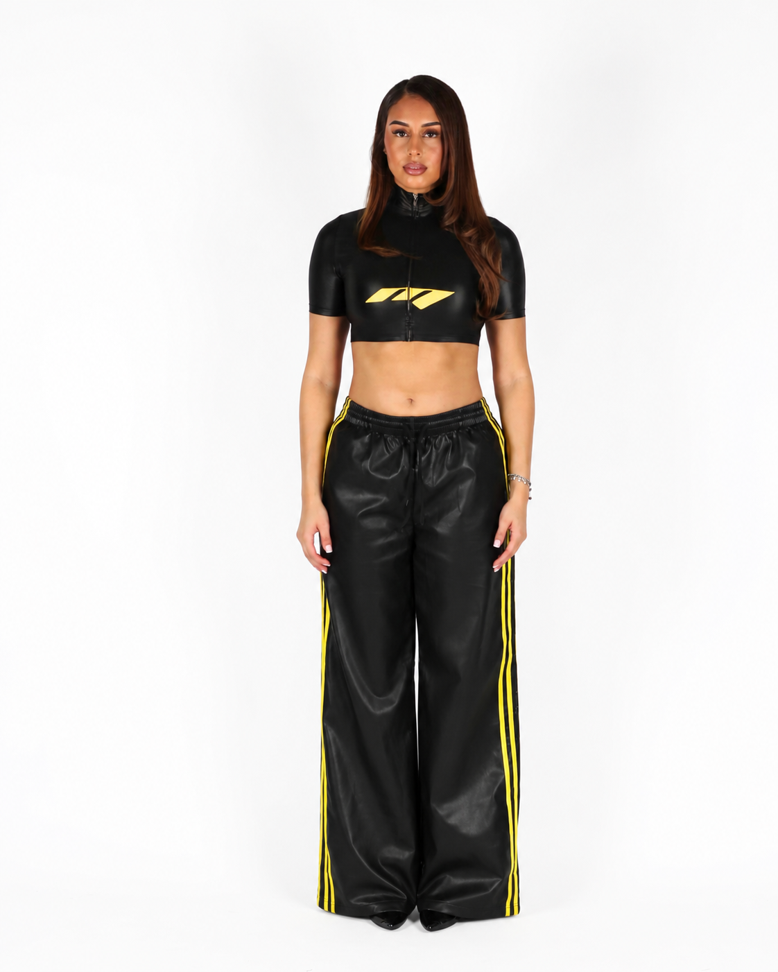 MTL Faux Leather Zip-up Top Black/Yellow