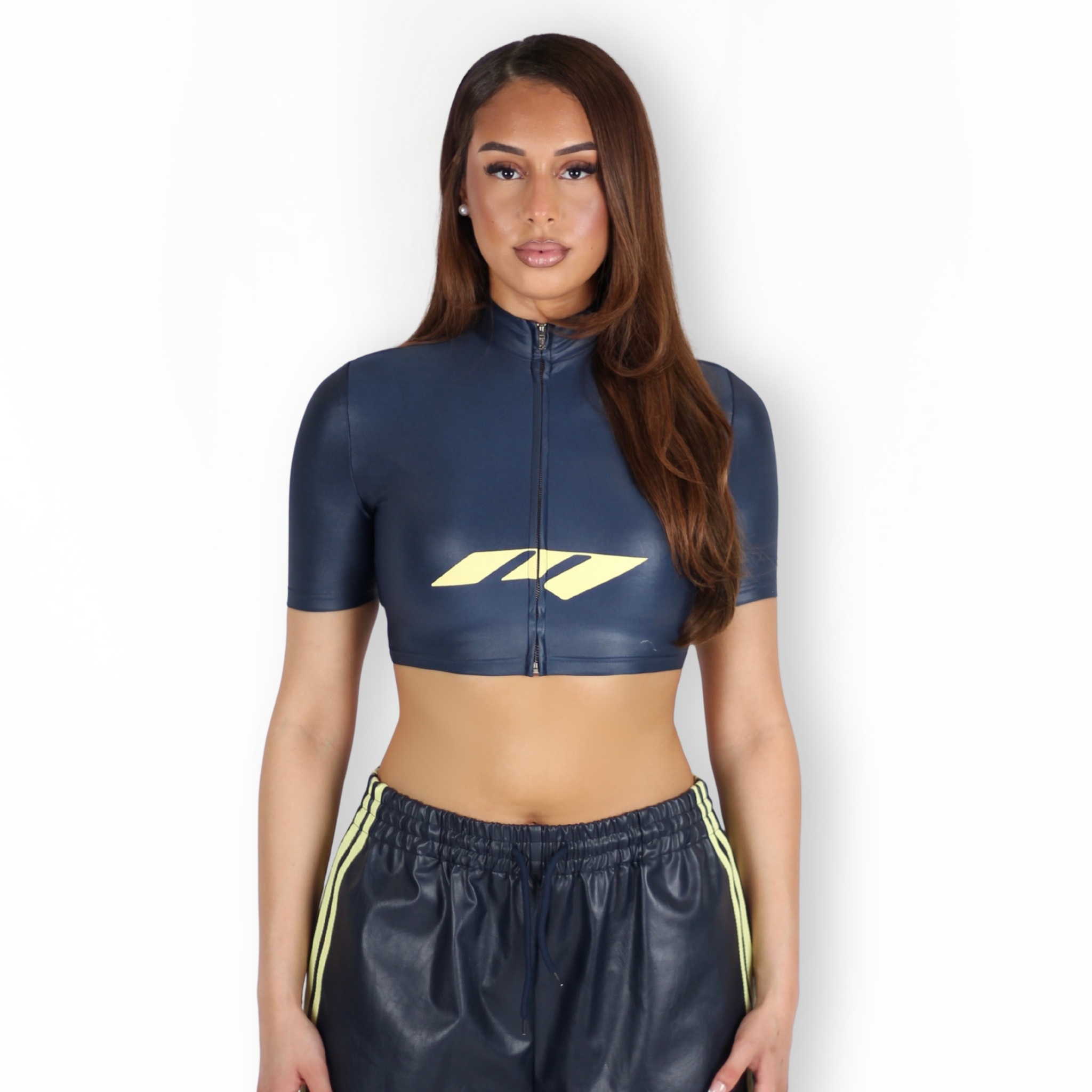 MTL Faux Leather Zip-up Top Navy/Yellow