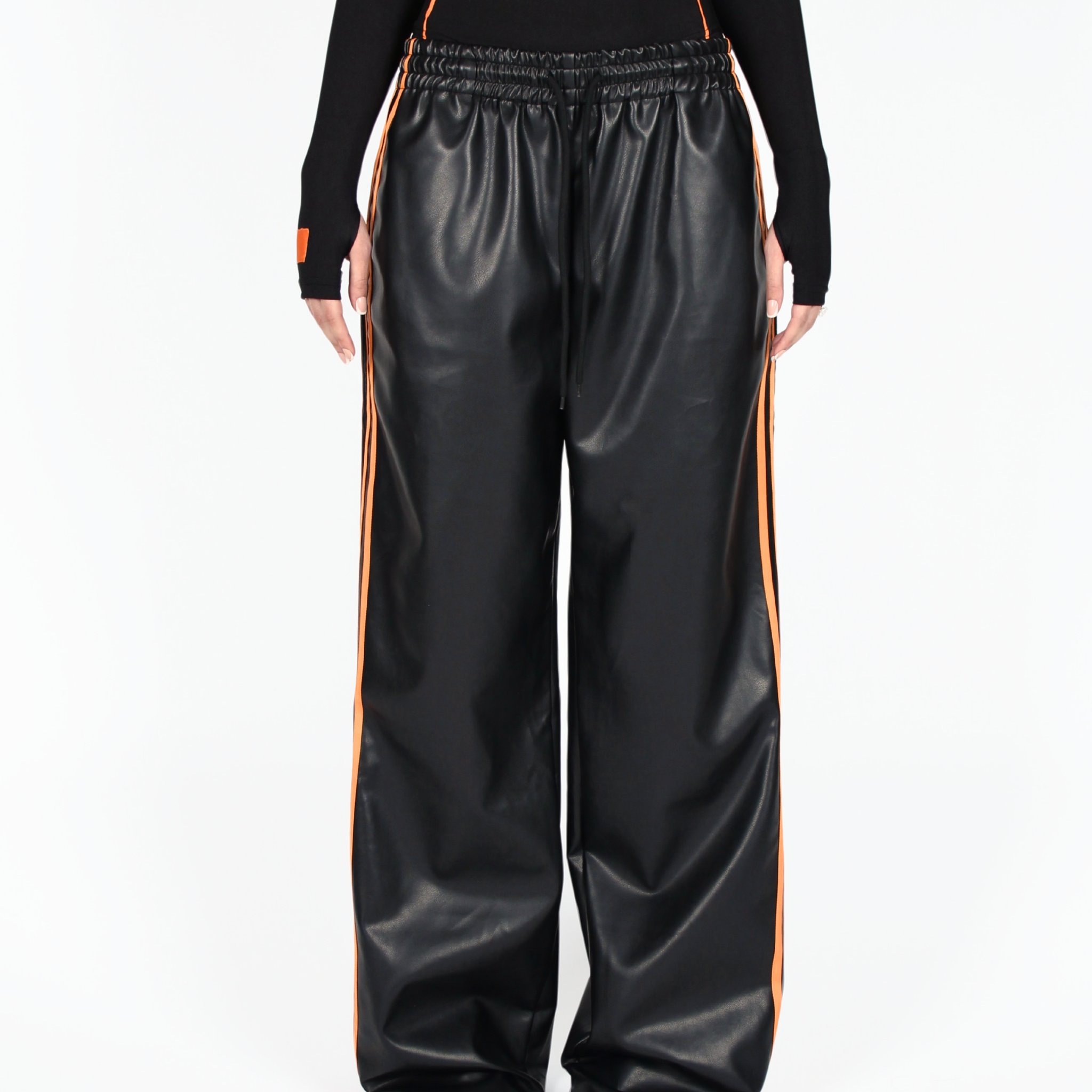 PRE-ORDER MTL Striped Leather Pants Black/Orange