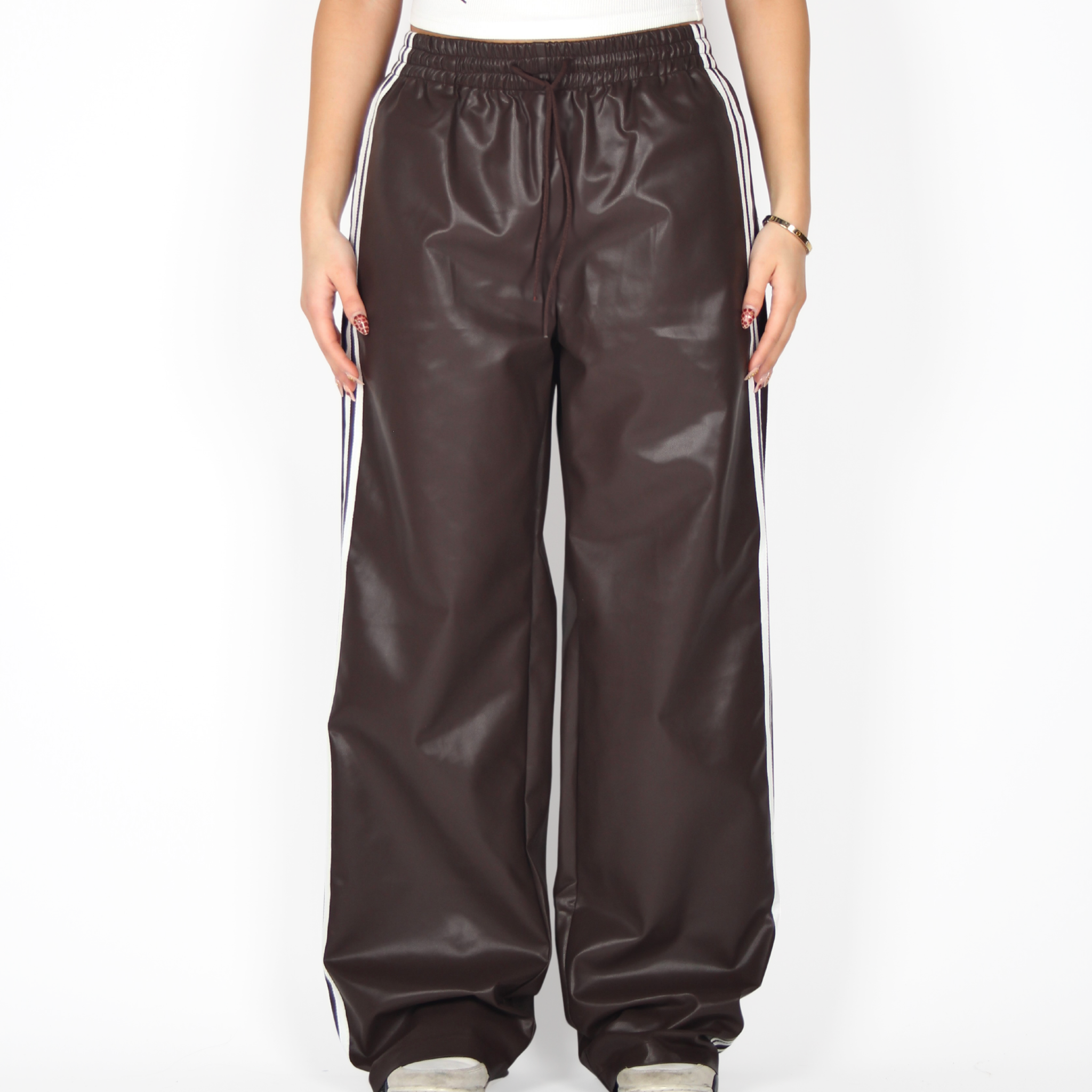MTL Striped Leather Pants Brown