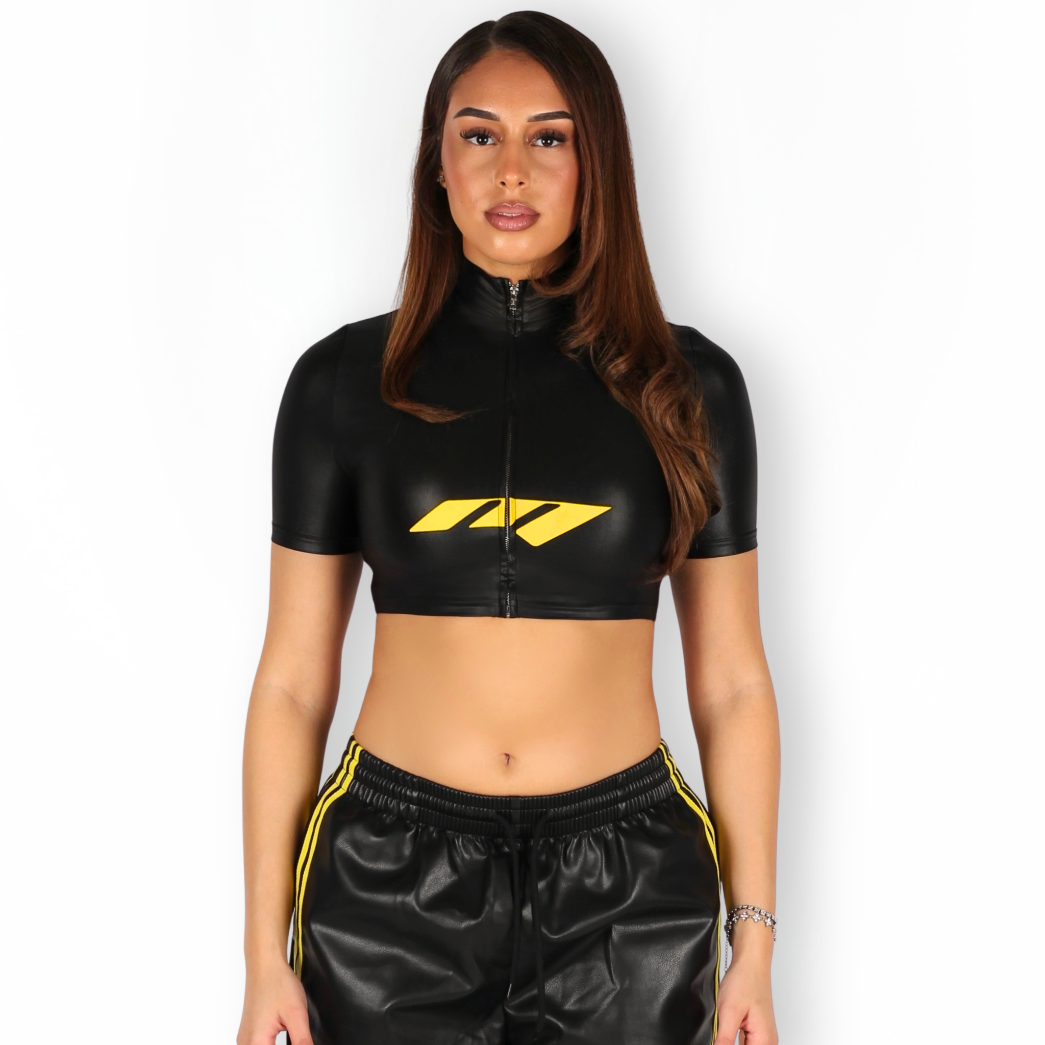 MTL Faux Leather Zip-up Top Black/Yellow