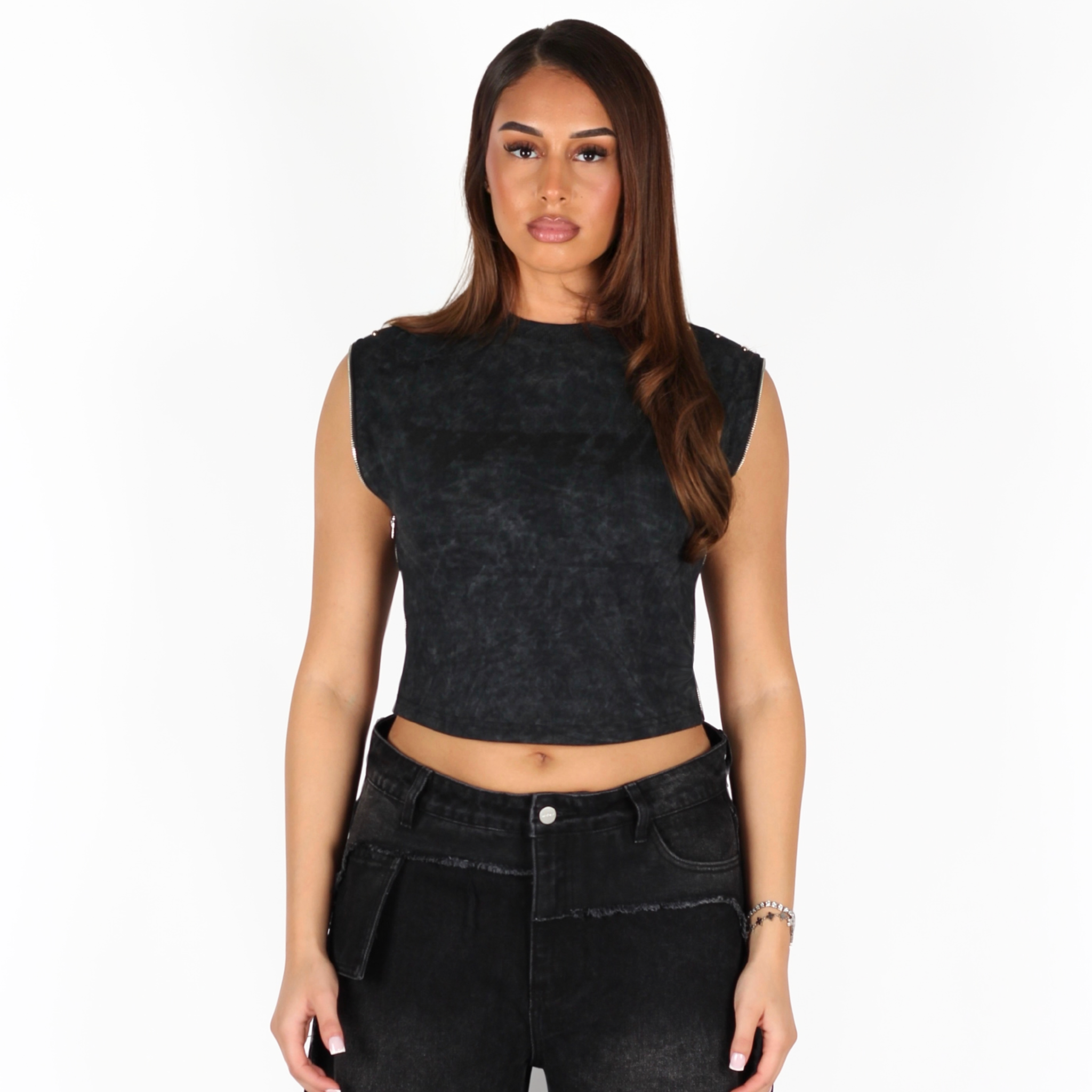 MTL Studded Sleeveless Zipper Top Black