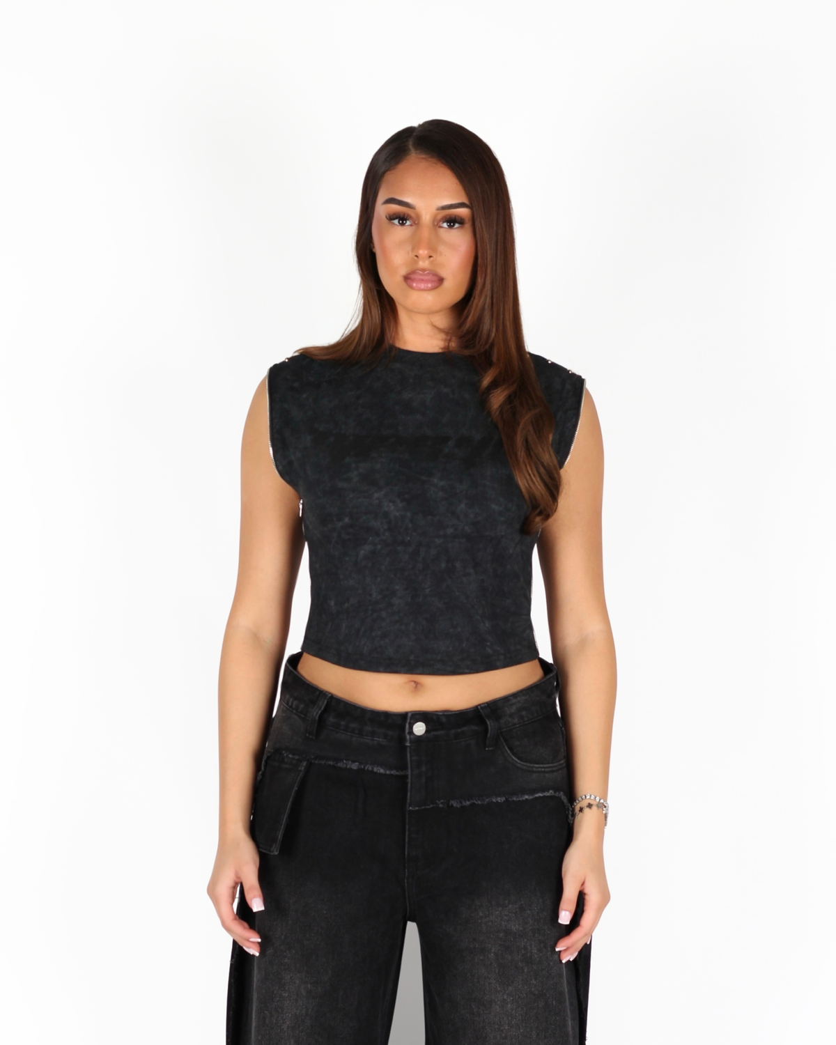 MTL Studded Sleeveless Zipper Top Black