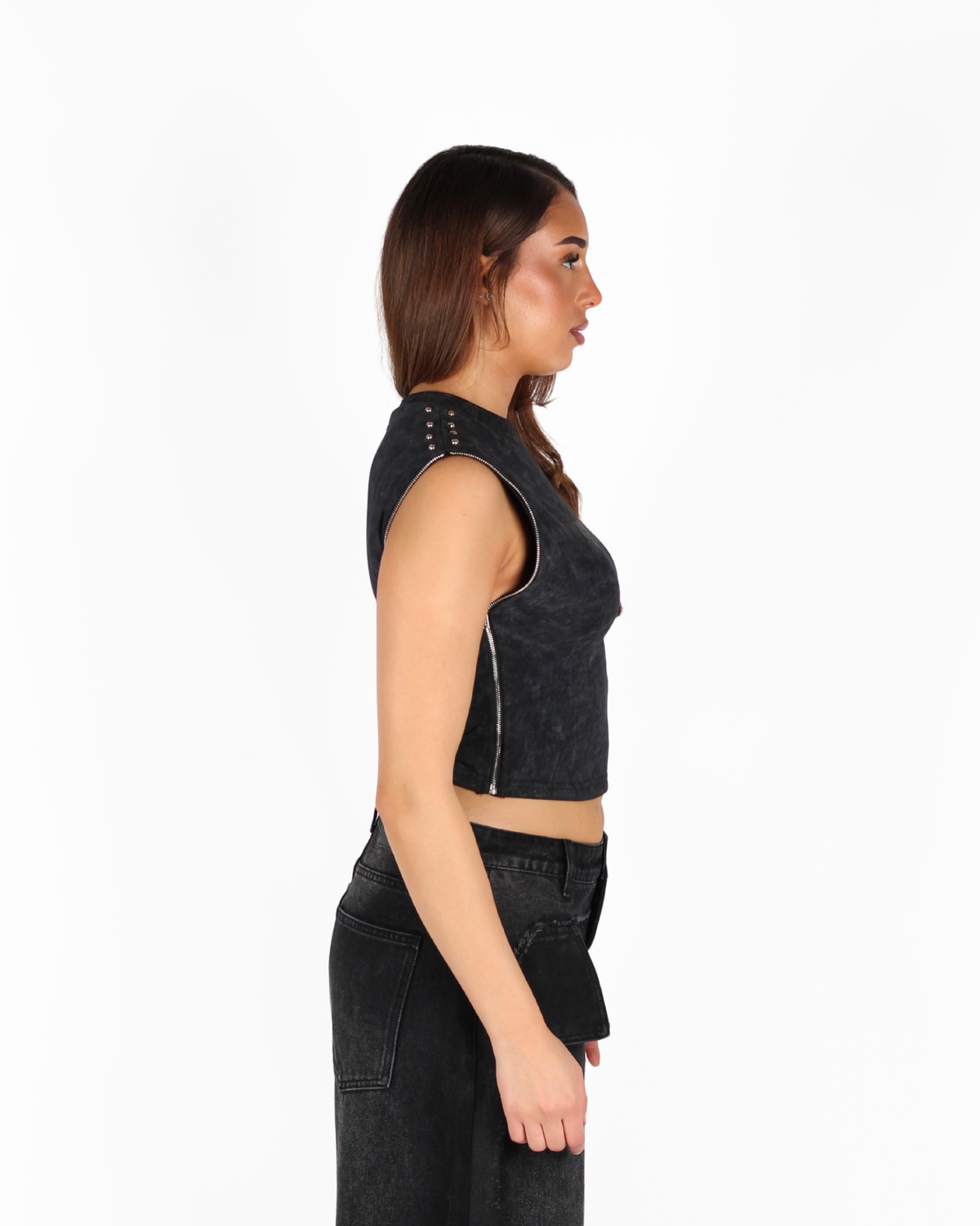 MTL Studded Sleeveless Zipper Top Black