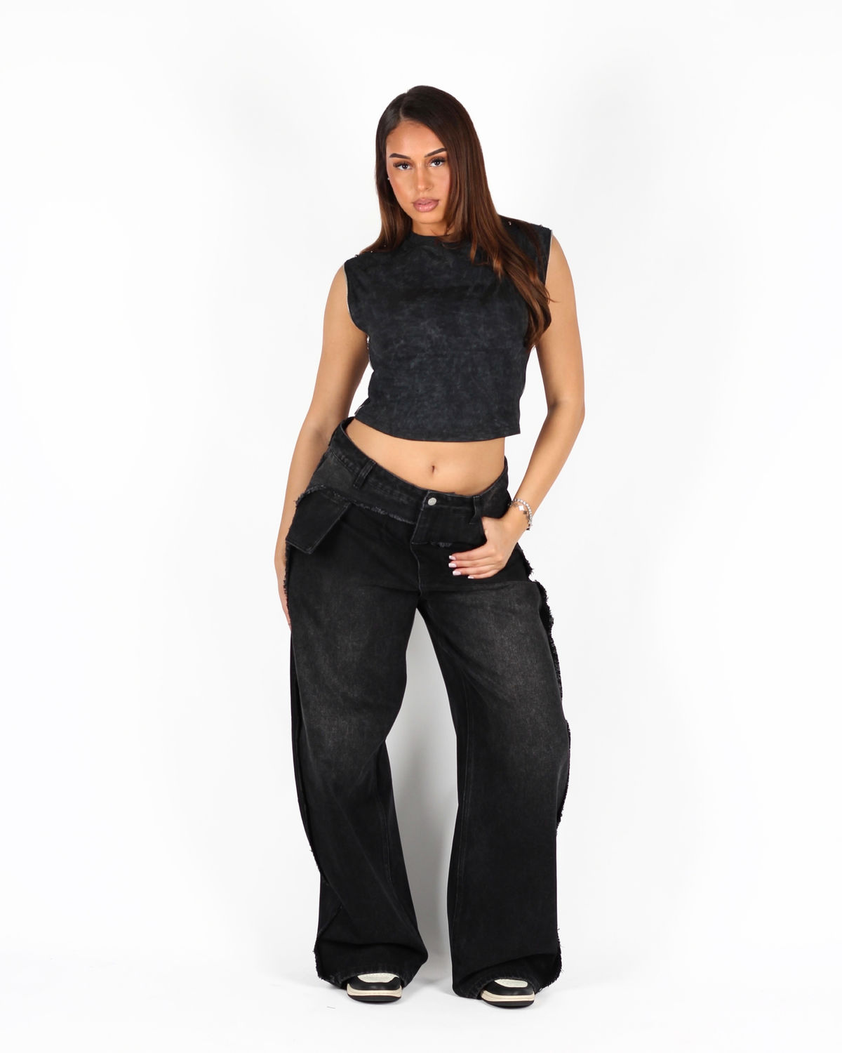 MTL Studded Sleeveless Zipper Top Black
