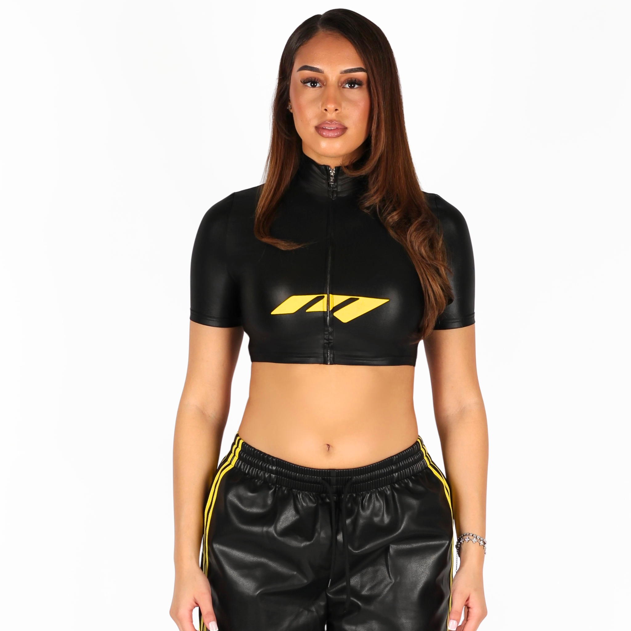 MTL Faux Leather Zip-up Top Black/Yellow