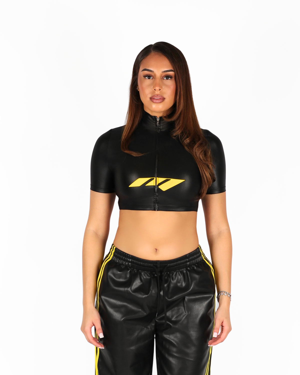 MTL Faux Leather Zip-up Top Black/Yellow