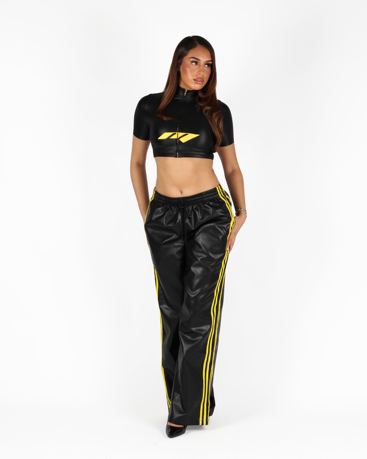 MTL Faux Leather Zip-up Top Black/Yellow